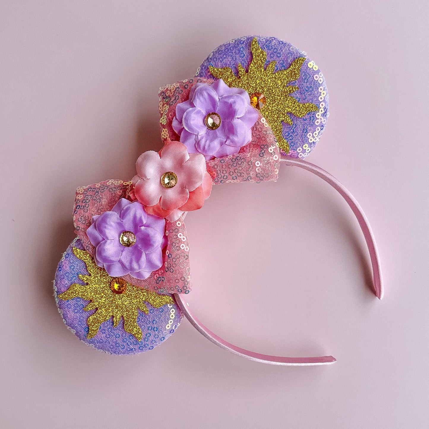 Purple Floral with Golden Suns Sequin Headband Animal Ears