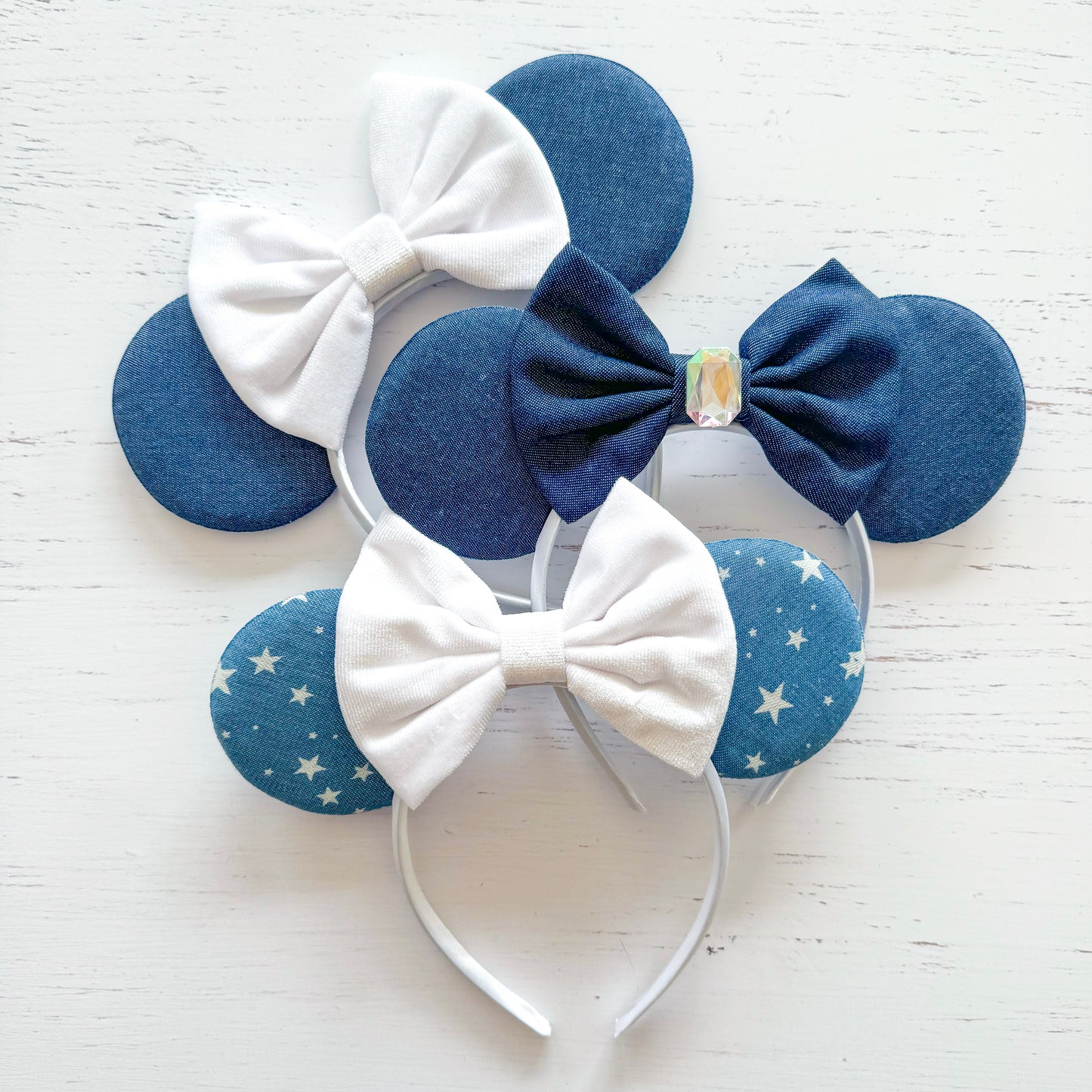 Stars Denim with White Velvet Bow Sequin Headband Animal Ears