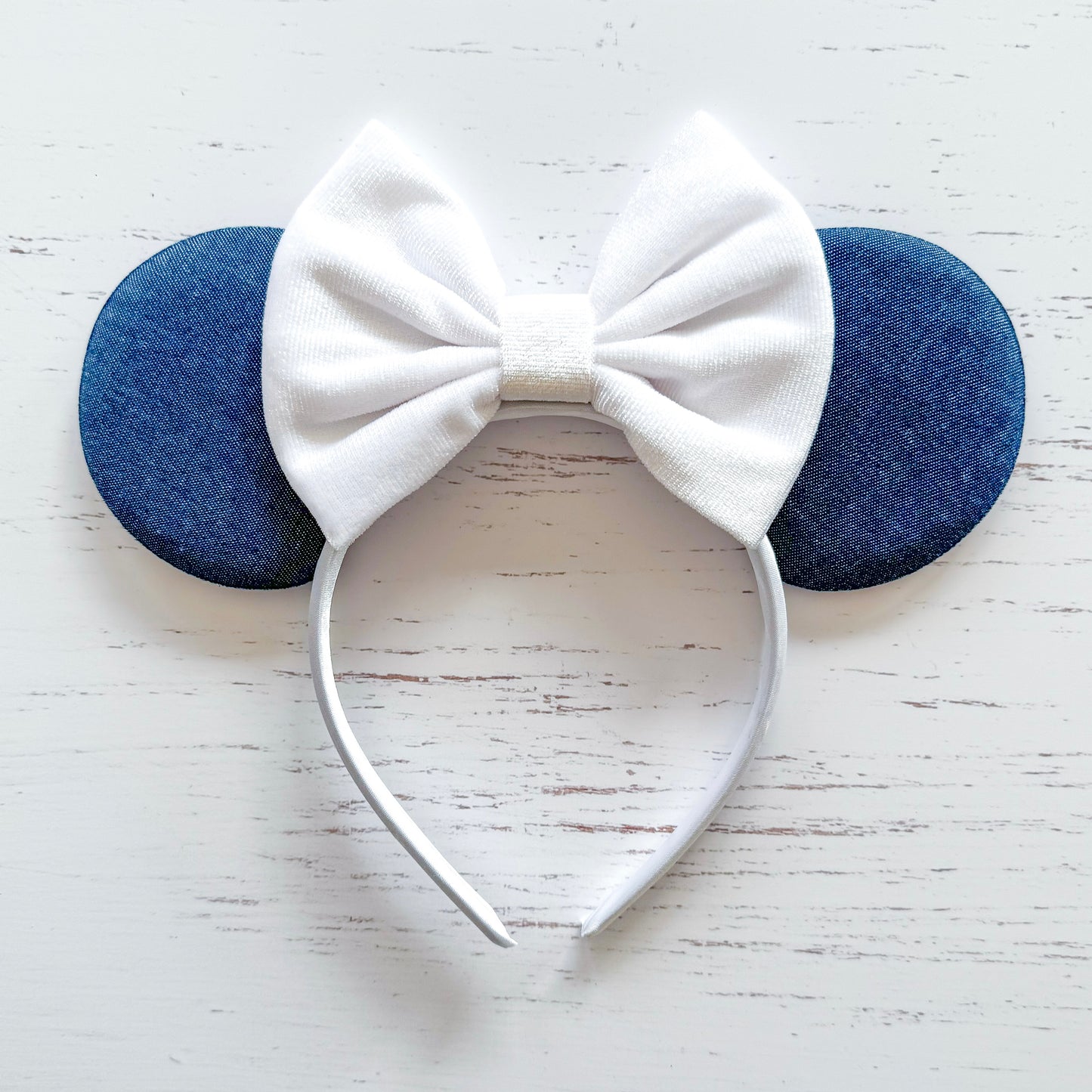 Denim with White Velvet Bow Sequin Headband Animal Ears