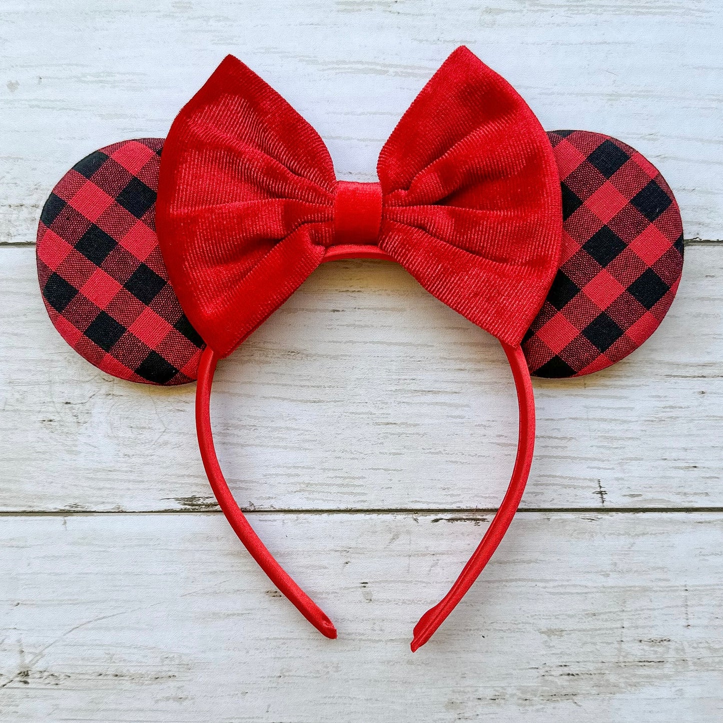 Christmas Red Plaid Headband Animal Ears with Red Bow