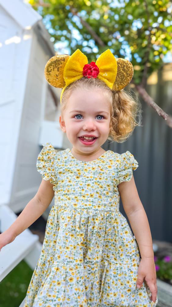 Beauty Yellow Bow with Red Rose Sequin Headband Ears