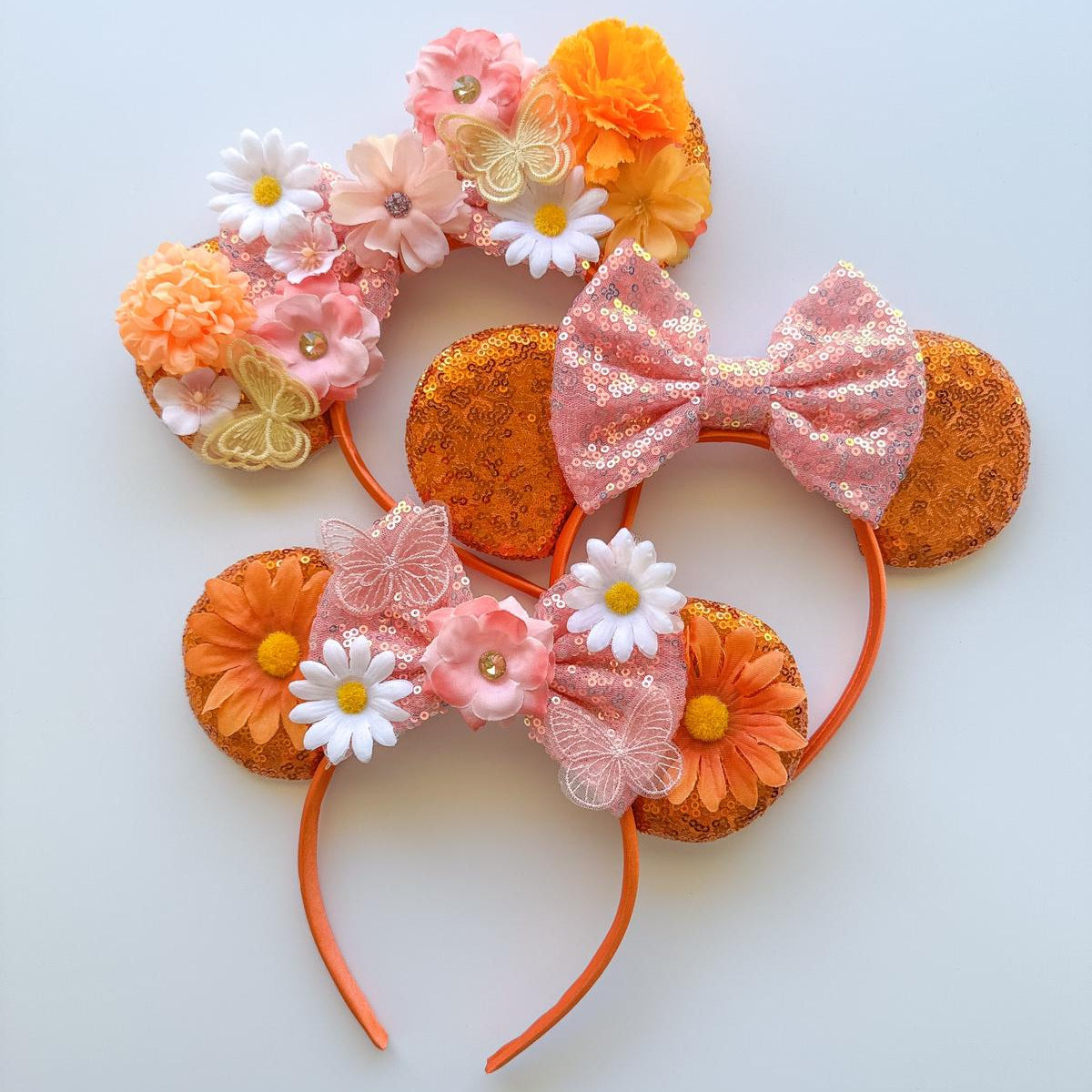Orange Floral Trio Bloom Sequin Headband Animal Ears