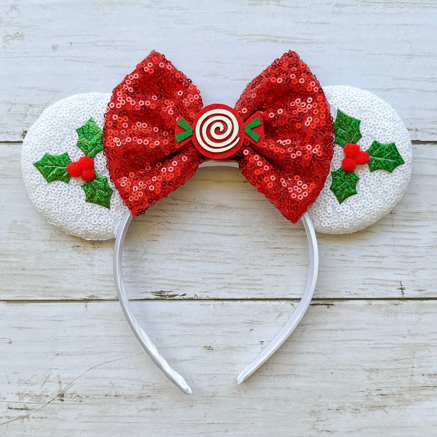White Christmas Mistletoe Sequin Animal Ears with Red Bow