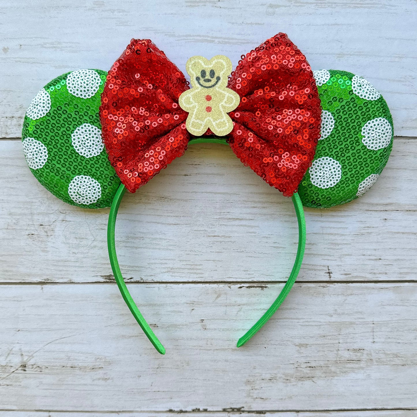 Christmas Gingerbread Man Green Spotted Headband Animal Ears with Red Bow
