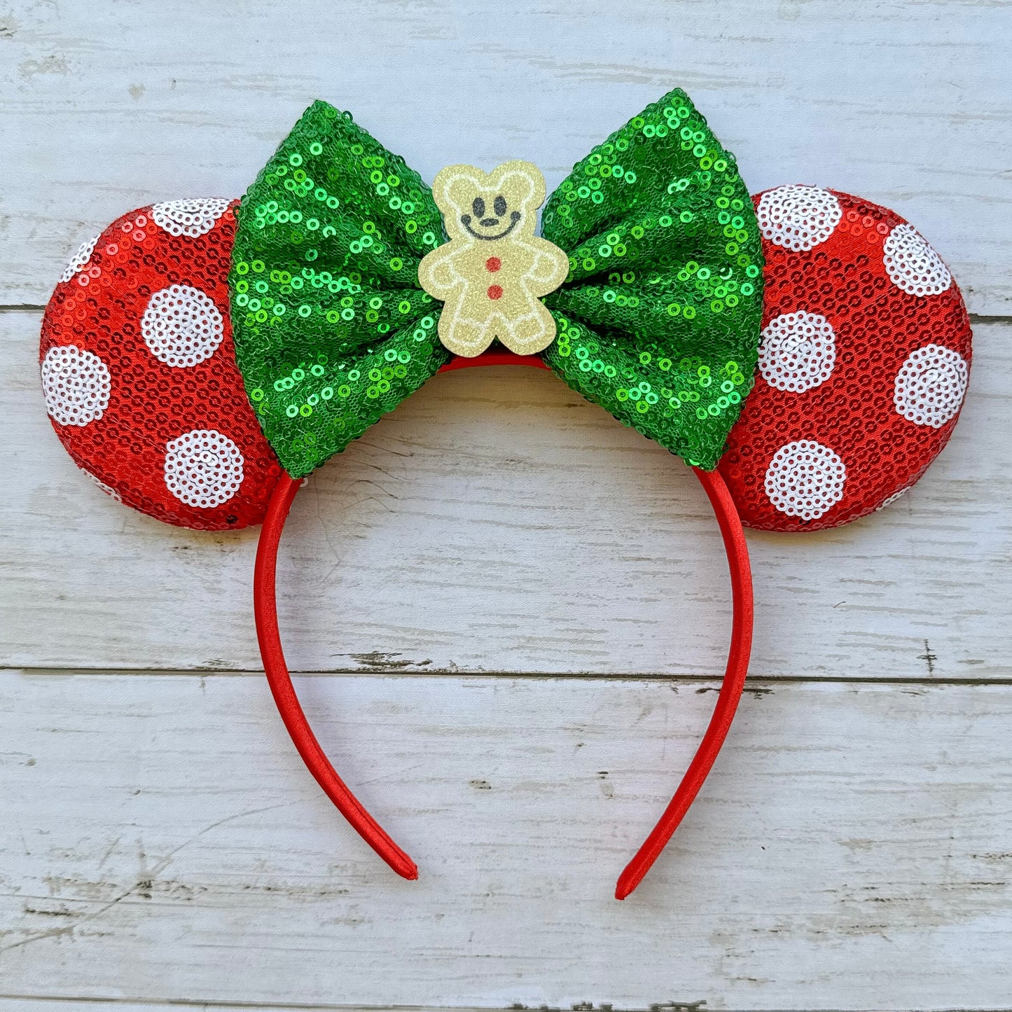Christmas Gingerbread Man Red Spotted Headband Animal Ears with Green Bow