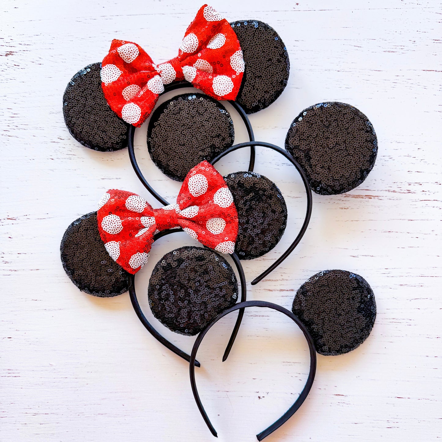Classic Red Spotted Bow and Black Sequin Mouse Headband Ears