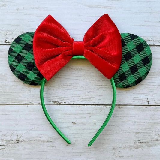 Christmas Green Plaid Headband Animal Ears with Red Bow