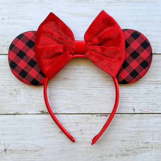 Christmas Red Plaid Headband Animal Ears with Red Bow