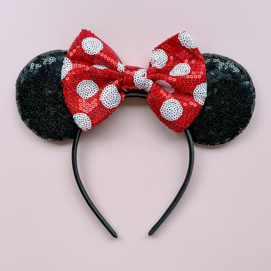 Classic Red Spotted Bow Sequin Headband Animal Ears