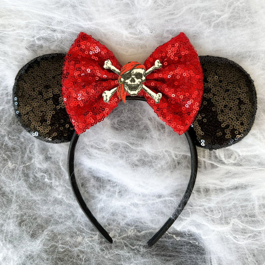 Pirate Red Bow with Black Sequin Headband Animal Ears