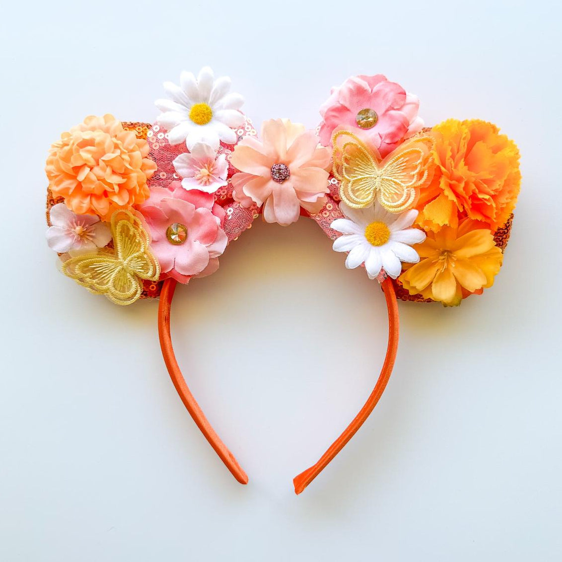 Twirlflower Orange Floral Crown Sequin Headband Ears